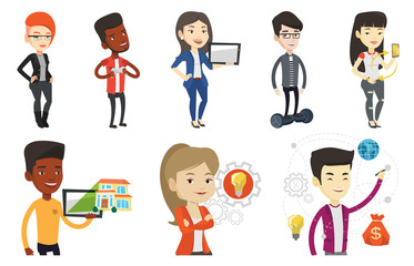 Businessman writing on virtual screen. Businessman drawing a cloud computing diagram on a virtual screen. Cloud computing concept. Set of vector flat design illustrations isolated on white background.