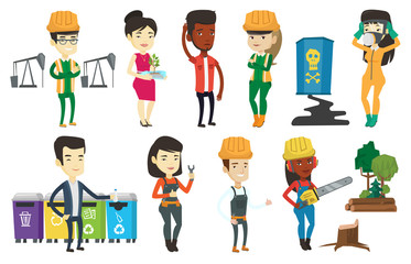 Man throwing away garbage. Man standing near bins and throwing away garbage in an appropriate bin. Concept of garbage separation. Set of vector flat design illustrations isolated on white background.