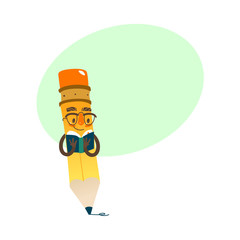 Vector cartoon humanized pencil with arms and face emotions, reading book in hands in glasses . Flat isolated illustration on a white background with speech bubble