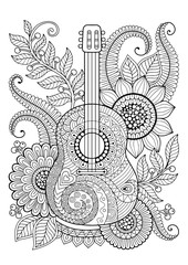 Coloring page for adult. Antis-tress and relax meditation. Guitar with black and white ornaments...