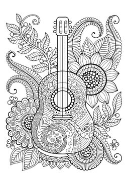 Coloring page for adult. Antis-tress and relax meditation. Guitar with black and white ornaments and stylized flowers