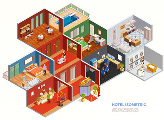 Hotel Isometric Composition - obrazy, fototapety, plakaty