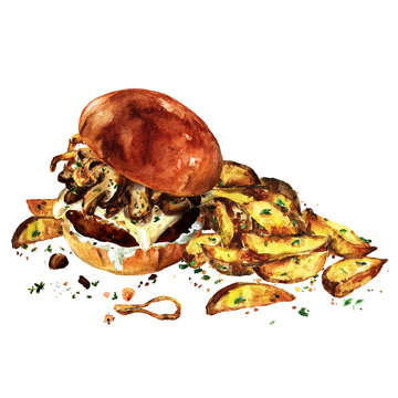 Swiss mushroom burger with potato wedges. Watercolor Illustration.