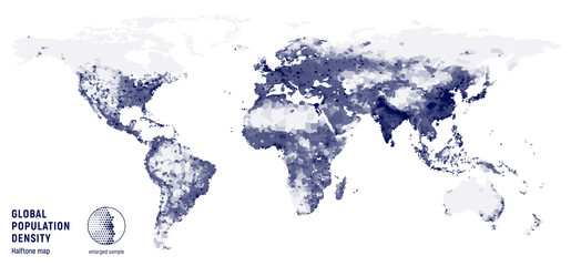 Fototapeta premium Vector halftone map of global population density.