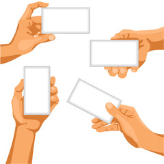 Human hands with business cards in them / There is illustration of human hands in different positions with business card in them
