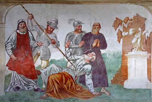 martirio dei Santi Apostoli Simone e Giuda Taddeo; affresco di Paris Bordone nella chiesa di San Simon di Vallada presso Canale d'Agordo