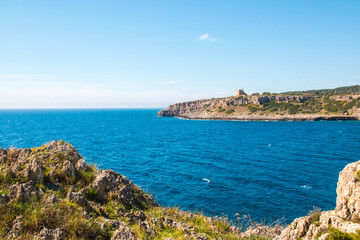 Watchtower near ionian sea (Uluzzo tower in Porto Selvaggio) Apulia, Salento, Italy