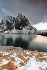 Hamnoy fishing village-foot of 389 ms.Festhaeltinden mount. Moskenes...