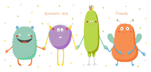 Hand drawn vector illustration of cute funny colourful monsters smiling and holding hands, text Monsters are friends. © Maria Skrigan