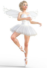 Fototapeta na wymiar 3D ballerina with wings. Forest Fairy. Butterfly. White ballet tutu. Blonde girl with blue eyes. Ballet dancer. Studio photography. High key. Conceptual fashion art. Render illustration.