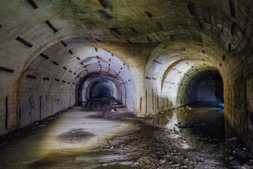 Tunnel fork at the Object 221, abandoned soviet bunker, reserve command post of Black Sea Fleet
