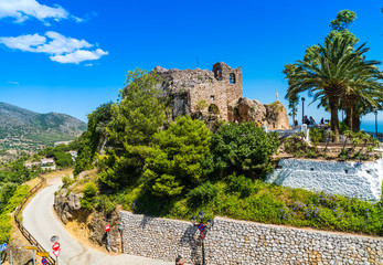 Mijas, Spain, June 28 2017: View on the Ermita de la Virgen de la Peña at the White town of Fijas...