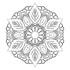 Mandala for color book. Monochrome illustration. Symmetrical pattern. The template for printing on fabric. Picture for meditation and relaxation. Octagonal graphic outlet. Styling leaves and berries.