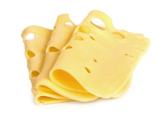 Set of three slices of cheese isolated on white background.