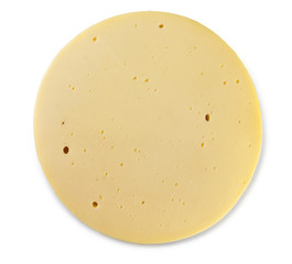 A round slice of cheese isolated on white background. Top view, close up.