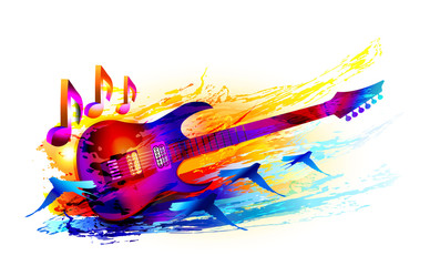Colorful music background  with electric guitar and  flying birds