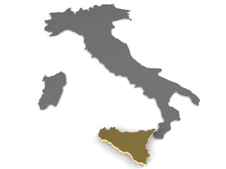 Italy 3d metallic map, whith sicily,region highlighted 3d render