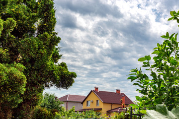 overcast sky. Wooden house building, green field with house in overcast day.