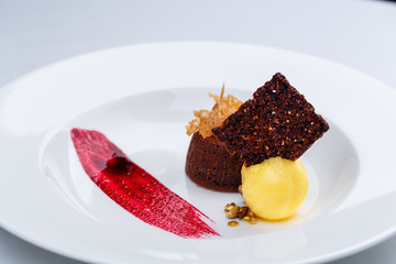 Chocolate fondant with lemon ice cream and raspberry sauce