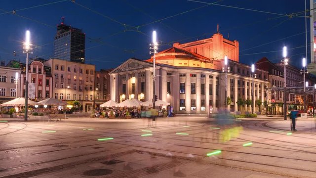 Tram intersection in the centre of Katowice. Urban bustle.