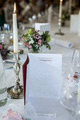 Dinner table wine glas candle burning card Event German header text hochzeitsmenu translation Wedding menu Copyspace