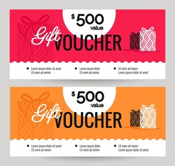 Gift Voucher Coupon discount. Gift certificate template with gift boxes. Shopping concept.  Vector illustration - obrazy, fototapety, plakaty