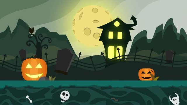 Cartoon Halloween Background Animation Loop. A spooky background of a haunted house with a full moon in the background. terror and horror background. Colorful halloween card full hd and 4k