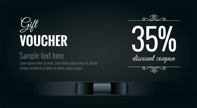 Elegant black and white gift voucher premium coupon with black ribbon. Design usable for gift coupon, voucher, invitation, certificate, diploma, ticket etc. Vector illustration