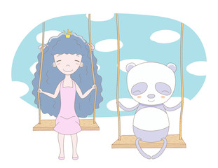 Hand drawn vector illustration of a cute little princess (crown can be removed) and panda, sitting on a swing, with sky and white clouds in the background.