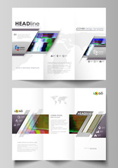 Tri-fold brochure business templates on both sides. Editable abstract vector layout in flat design. Glitched background made of colorful pixel mosaic. Digital decay, signal error, television fail