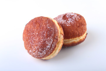 Homemade Doughnuts with Jelly filled and powdered sugar isolated on white background. Selective focus.