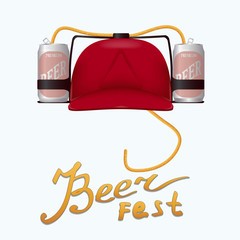 vector red plastic helmet for drinks with two aluminum beer cans and a hose. Inscription - beer fest