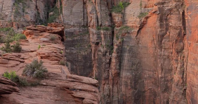 The red rock cliffs of Zion National Park rise from the deep canyon bottom.