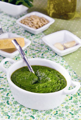 Green Pesto Sauce. Basil Green Pesto. Italian Pesto Genovese. Homemade green pesto sauce with basil and pine nuts. Italian Recipe Ingredients