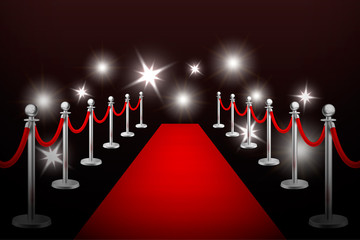 Realistic vector red event carpet , silver barriers and flashes. Design template in EPS10.