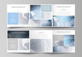 The abstract minimalistic vector illustration of the editable layout. Two creative covers design templates for square brochure. Technology concept. Molecule structure, connecting background.