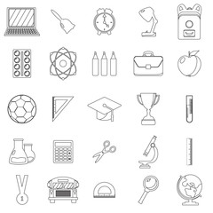 Set of school icons. Outline and line style. White background. Vector illustration.