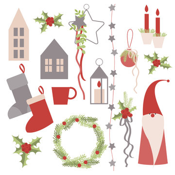 Christmas set. Decorative Christmas elements. Christmas wreath, decorations for a Christmas tree, small houses, candles.