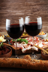 Italian antipasti wine snacks set. Cheese variety, Mediterranean