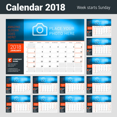 Calendar Planner for 2018 Year. Vector Design Template with Place for Photo. Week Starts on Sunday. Calendar Grid with Week Numbers. Set of 12 Months