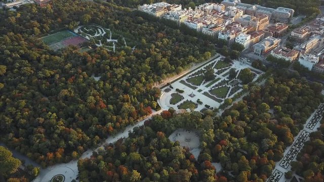 flight drones over the famous Park of the Retiro of Madrid and the Prado Museum