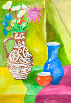 color still-life with ceramic jugs on table
