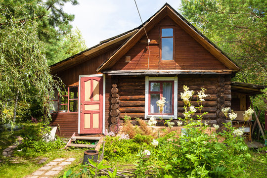 front view of wooden house in russian village