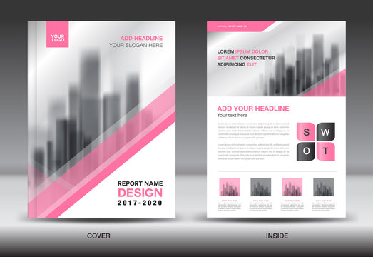 Annual report brochure flyer template, Pink cover design, business advertisement, magazine ads, catalog vector layout in A4 size