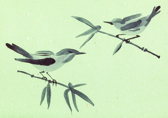 birds on twigs on green colored paper