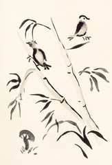 Birds on bamboo and mushroom on ivory