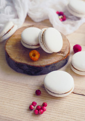 Obraz na płótnie Canvas Vanilla macarons with red berries on white wooden table. Tender white macarons on white wooden background. Natural light. Vanilla macaroons on a white wooden table with a Vintage Style spoon.