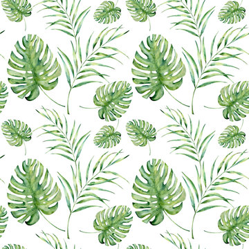 Watercolor tropical pattern with monstera and palm leaves. Hand painted floral ornament with exotic plant branch isolated on white background. For design, fabric or background. © yuliya_derbisheva
