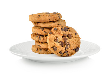 Chocolate chip cookie in plate on white background