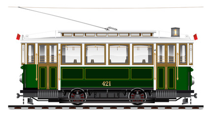 An old biaxial tram of green color. City Ecological transport. Side view.
